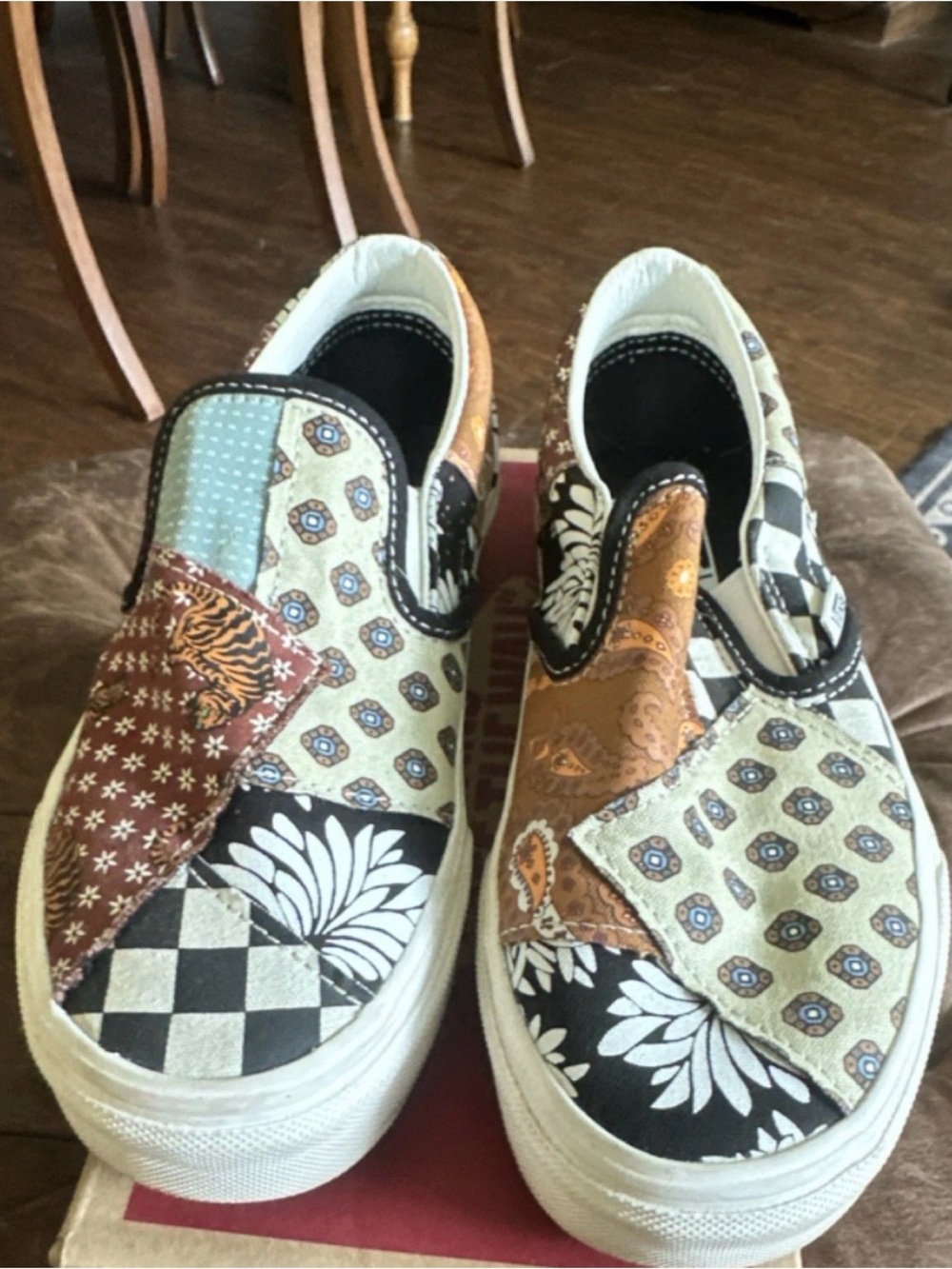 Vans Patchwork Slip-On Sneakers in Black, Cream, Brown
